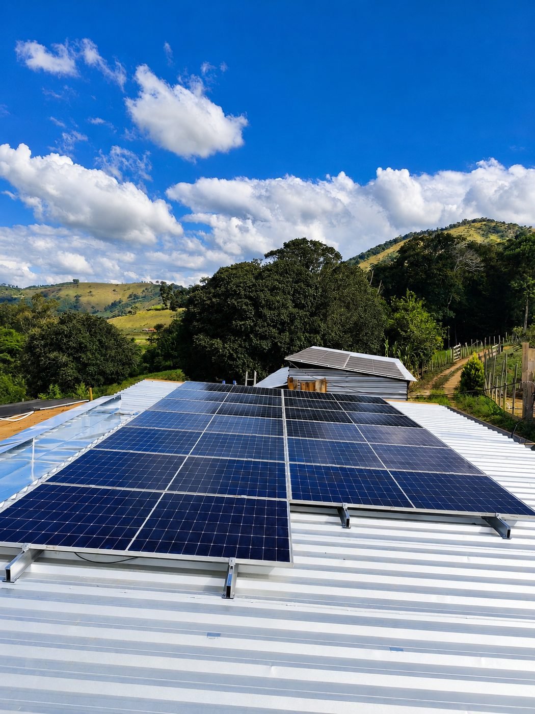 Sistema de energia solar instalado pela Energix em telhado metálico, região de Pouso Alegre/MG